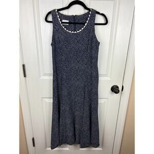 Vintage‎ Midi Tie Back Blue White Polka Dot Sleeveless Dress Small 4 Trim Collar
